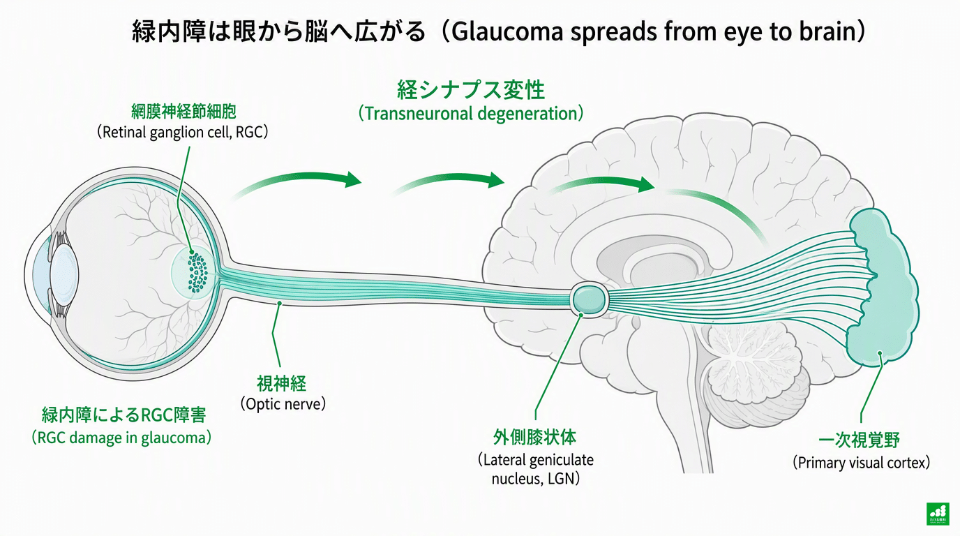 視覚路の経シナプス変性の模式図(日英併記):眼の断面の網膜神経節細胞(RGC)から視神経・外側膝状体(LGN)・一次視覚野へと、緑内障による変性が矢印で脳へ広がる様子を示す