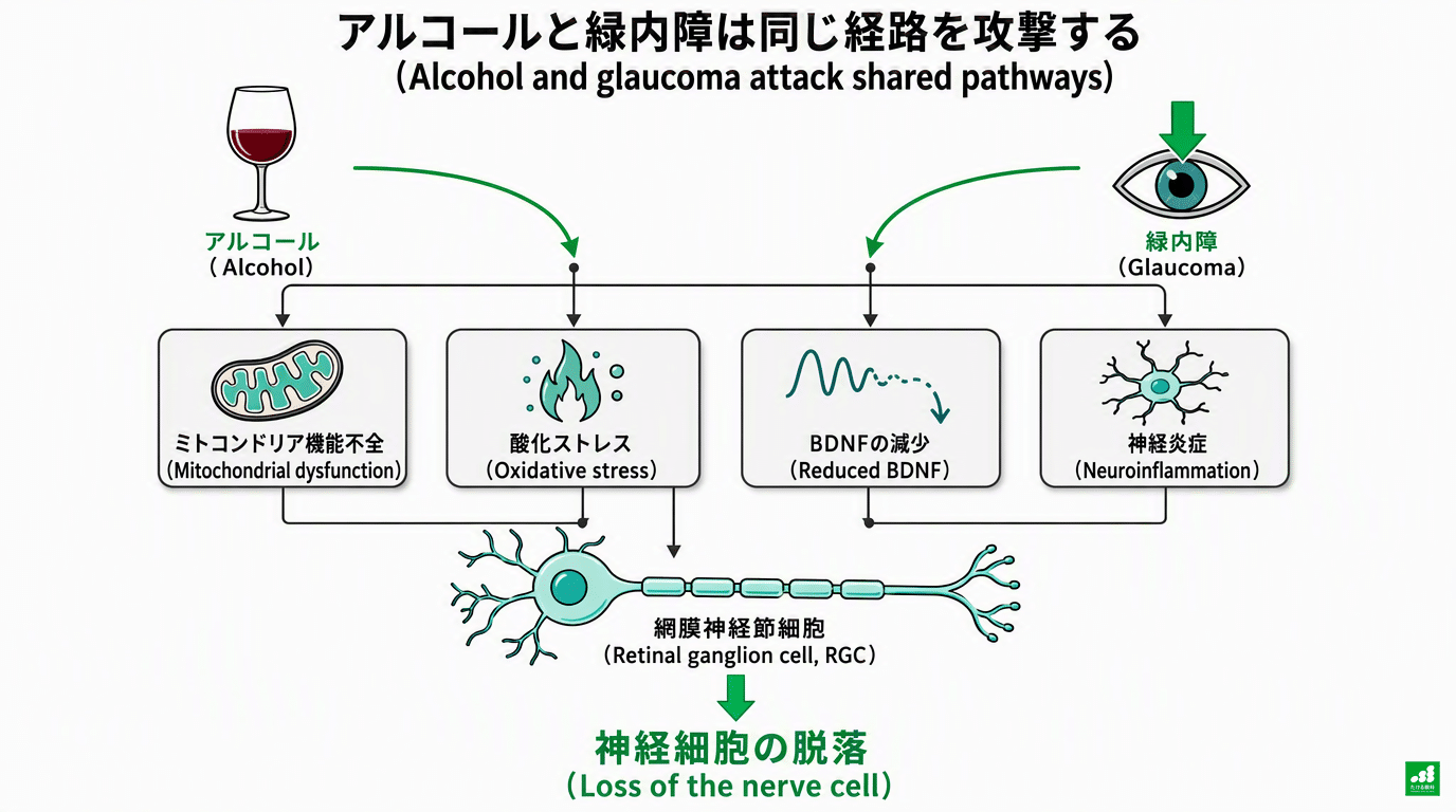 アルコールと緑内障が共有する神経障害経路の模式図(日英併記):アルコールと緑内障の2つの要因から、ミトコンドリア機能不全・酸化ストレス・BDNFの減少・神経炎症の4経路を経て、網膜神経節細胞の脱落に至る流れを示す