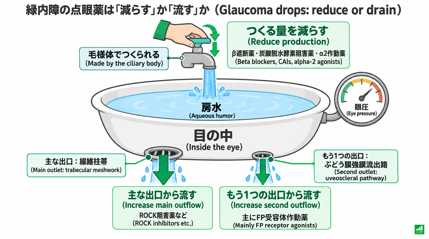 緑内障の点眼薬の働きを洗面台にたとえた図。蛇口(毛様体)から入る房水の量を減らす薬(β遮断薬・炭酸脱水酵素阻害薬・α2作動薬)、主な出口(線維柱帯)から流す薬(ROCK阻害薬など)、もう1つの出口(ぶどう膜強膜流出路)から流す薬(主にFP受容体作動薬)を矢印で示している