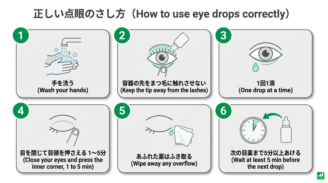 正しい点眼のさし方を6つの手順で示したイラスト。1 手を洗う、2 容器の先をまつ毛に触れさせない、3 1回1滴、4 目を閉じて目頭を押さえる(1〜5分)、5 あふれた薬はふき取る、6 次の目薬まで5分以上あける