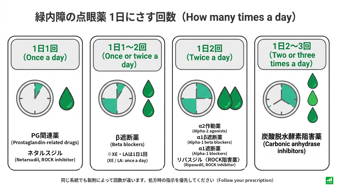系統ごとに、1日にさす回数の目安を示した図。1日1回:PG関連薬、ネタルスジル。1日1〜2回:β遮断薬(XE・LAは1日1回)。1日2回:α2作動薬、α1β遮断薬、α1遮断薬、リパスジル(ROCK阻害薬)。1日2〜3回:炭酸脱水酵素阻害薬。同じ系統でも製剤によって回数が違うため、処方時の指示を優先する