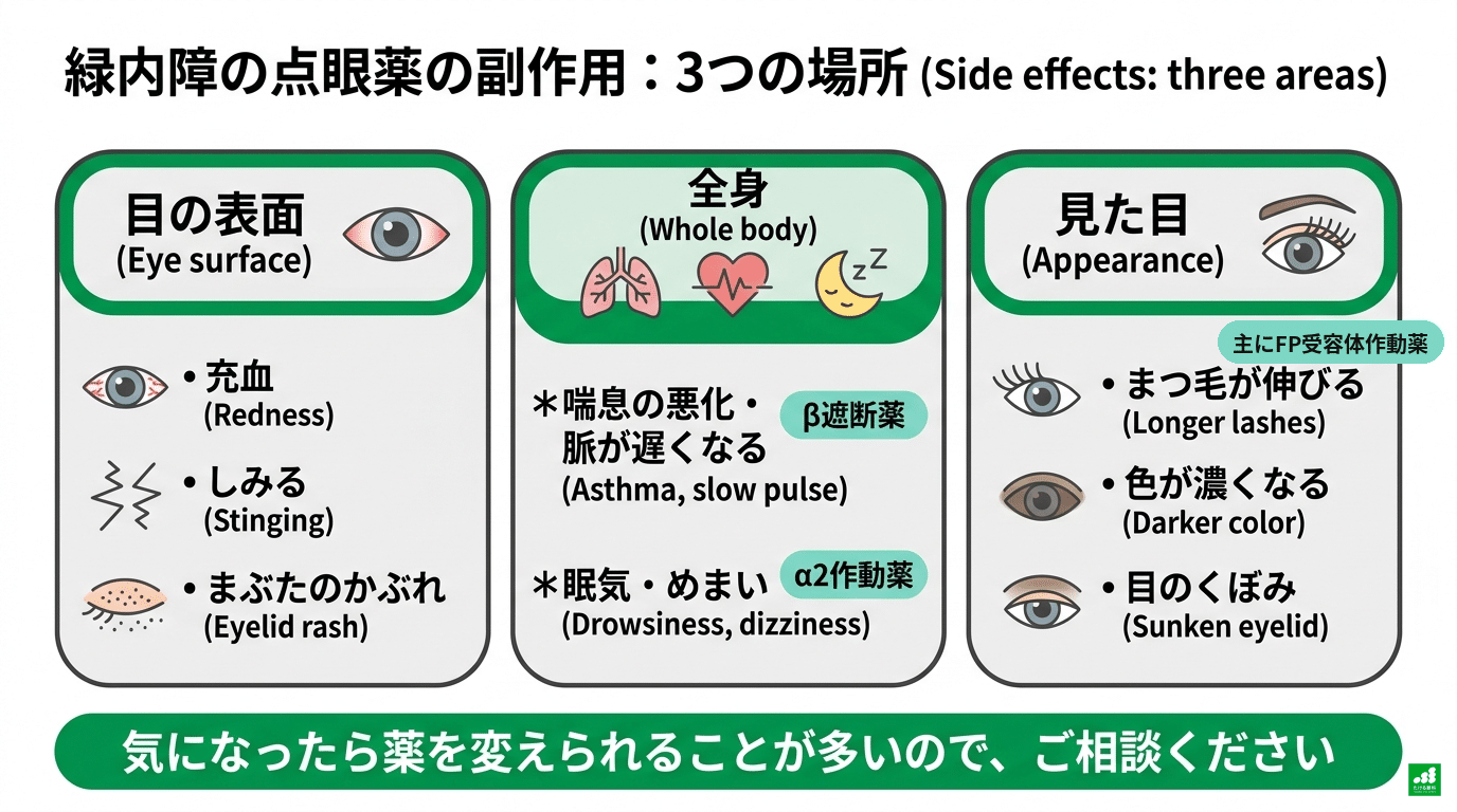 緑内障の点眼薬の副作用を3つに分けた図。目の表面:充血、しみる、まぶたのかぶれ。全身:喘息の悪化・脈が遅くなる(β遮断薬)、眠気・めまい(α2作動薬)。見た目:まつ毛が伸びる、色が濃くなる、目のくぼみ(主にFP受容体作動薬)