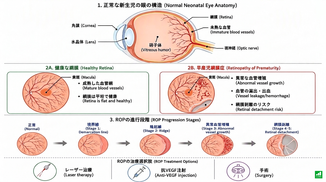 Diagram of ROP: normal eye structure, a healthy retina compared with a retina with ROP (macula marked), stage progression (normal, demarcation line, ridge, abnormal vessel growth, retinal detachment), and three treatment options: laser, anti-VEGF injection and surgery