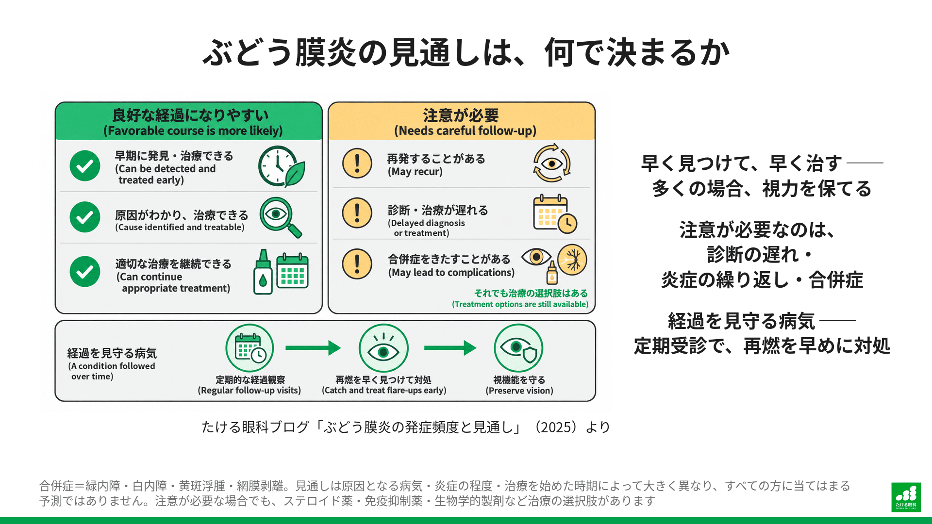 ぶどう膜炎の見通しを左右するもの:良好な経過になりやすい3つの条件、注意が必要な3つの点、経過を見守る流れ