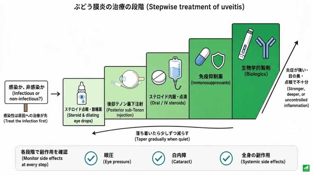 ぶどう膜炎の治療の段階を示す階段図:まず感染か非感染かを見極め、ステロイド点眼・散瞳薬、後部テノン嚢下注射、ステロイド内服・点滴、免疫抑制薬、生物学的製剤の順に治療を強め、落ち着いたら少しずつ減らす。各段階で眼圧・白内障・全身の副作用を確認する