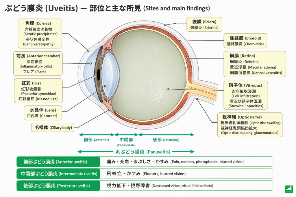 眼球断面図にぶどう膜炎の部位と主な所見を日英併記で示した図:角膜・前房・虹彩・水晶体・毛様体・硝子体・網膜・脈絡膜・強膜・視神経の所見と、前部・中間部・後部・汎ぶどう膜炎の範囲、型ごとの主な症状