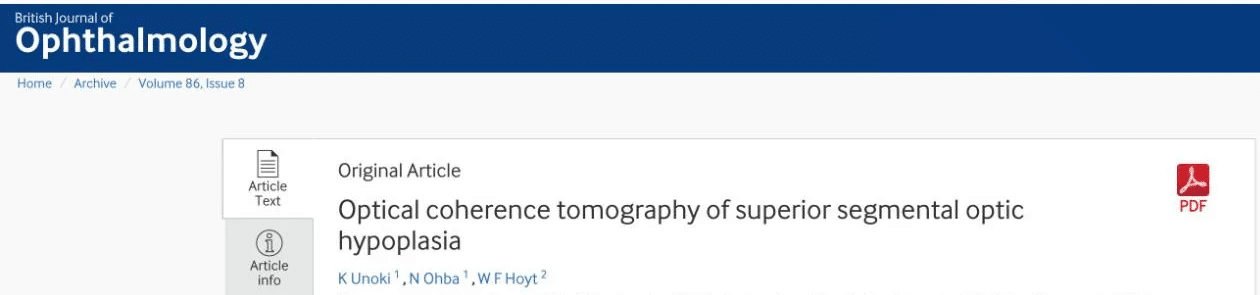 British Journal of Ophthalmology誌の論文ページ。上方分節性視神経低形成の光干渉断層計(OCT)所見(Unoki K, Ohba N, Hoyt WF、2002年)のタイトルと著者名